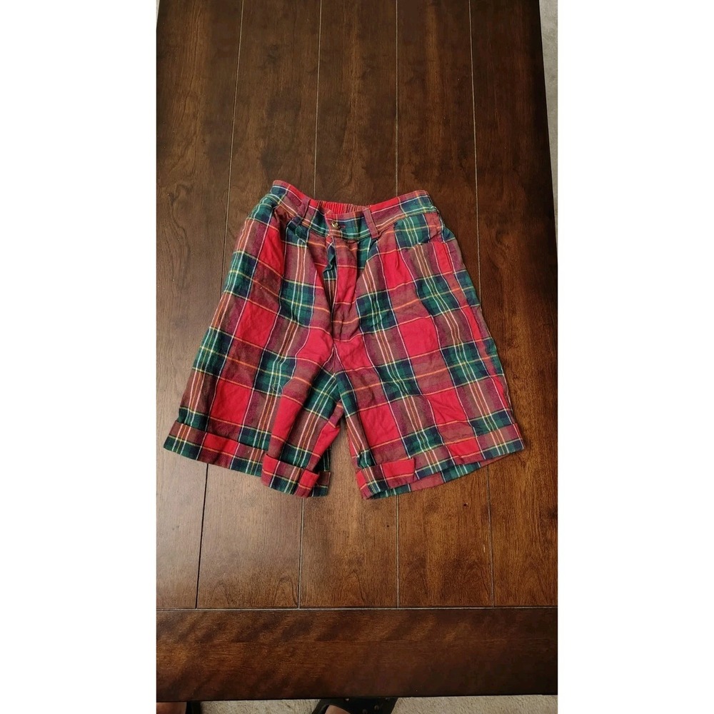 VTG MIDI Shorts Women Sz 8 Red Green Plaid Gold Metallic Christmas Holiday Party